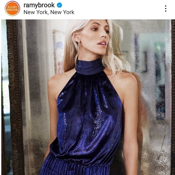 Ramy Brook Lori Metallic Velvet Blouson Navy Blue Cocktail Mini Dress NWT Large - Picture 3 of 17